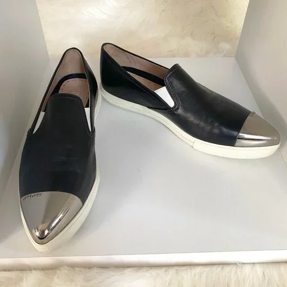 EUC MIU Black Silver Metal CapToe Leather Skate Slip on Sneakers Shoe 37 7 - Picture 1 of 10